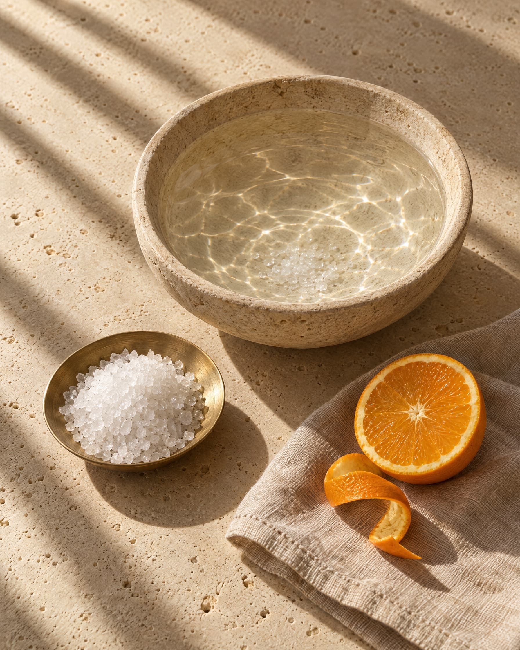 Clear warm water in a stone bowl beside coarse sea salt and a cut orange