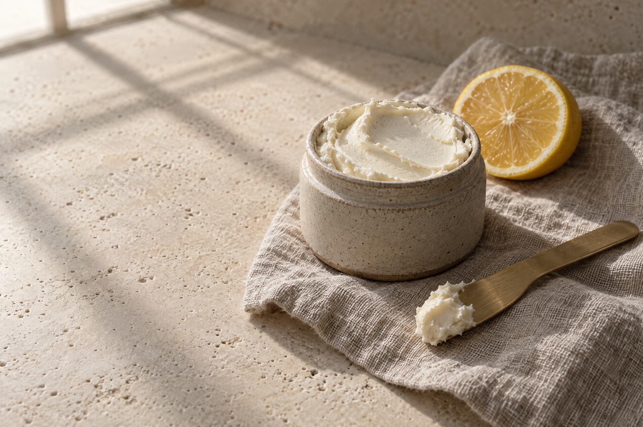 Whipped shea butter in a ceramic pot beside half a lemon