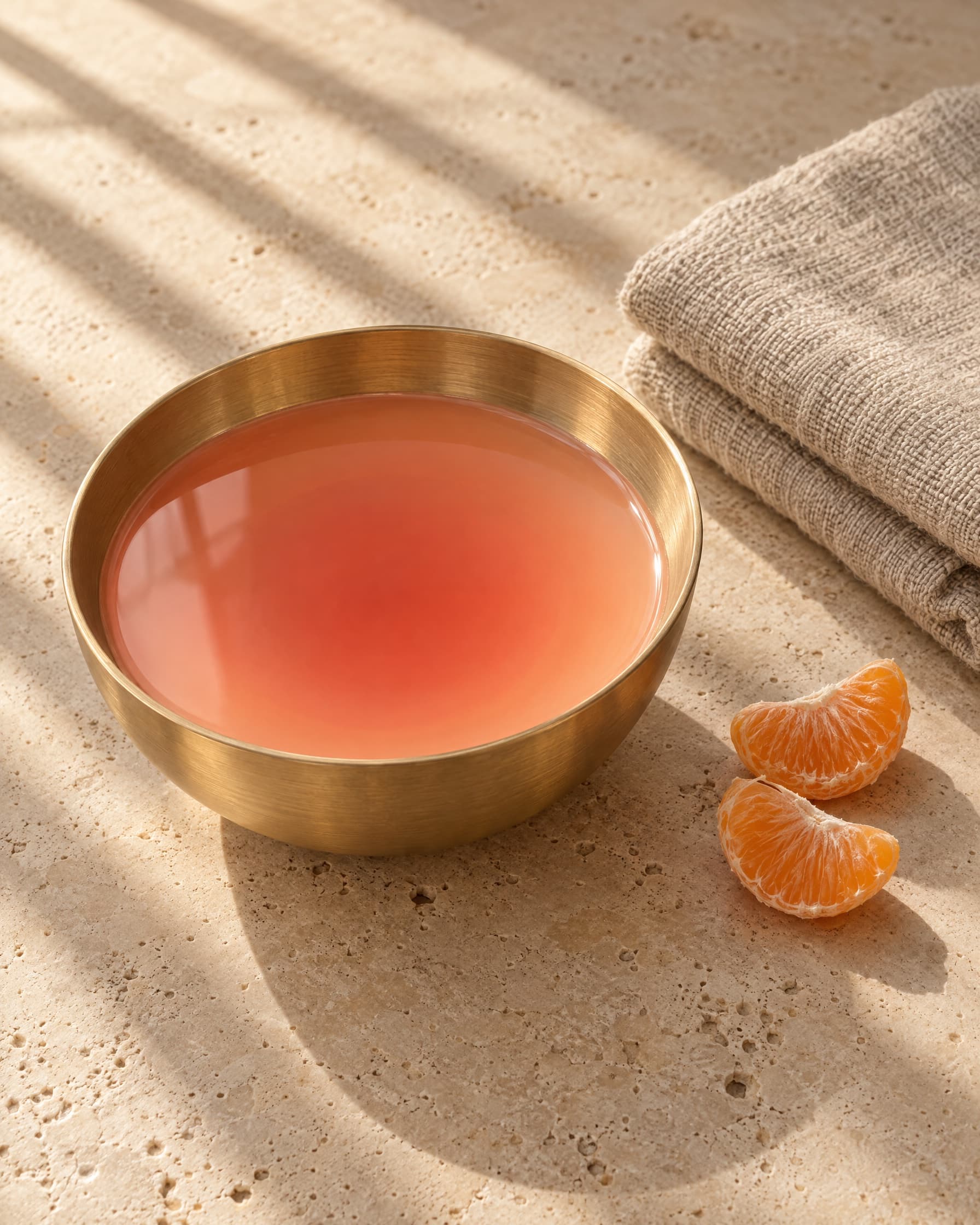 Warm peach paraffin wax in a brass bowl beside a folded towel and mandarin slices