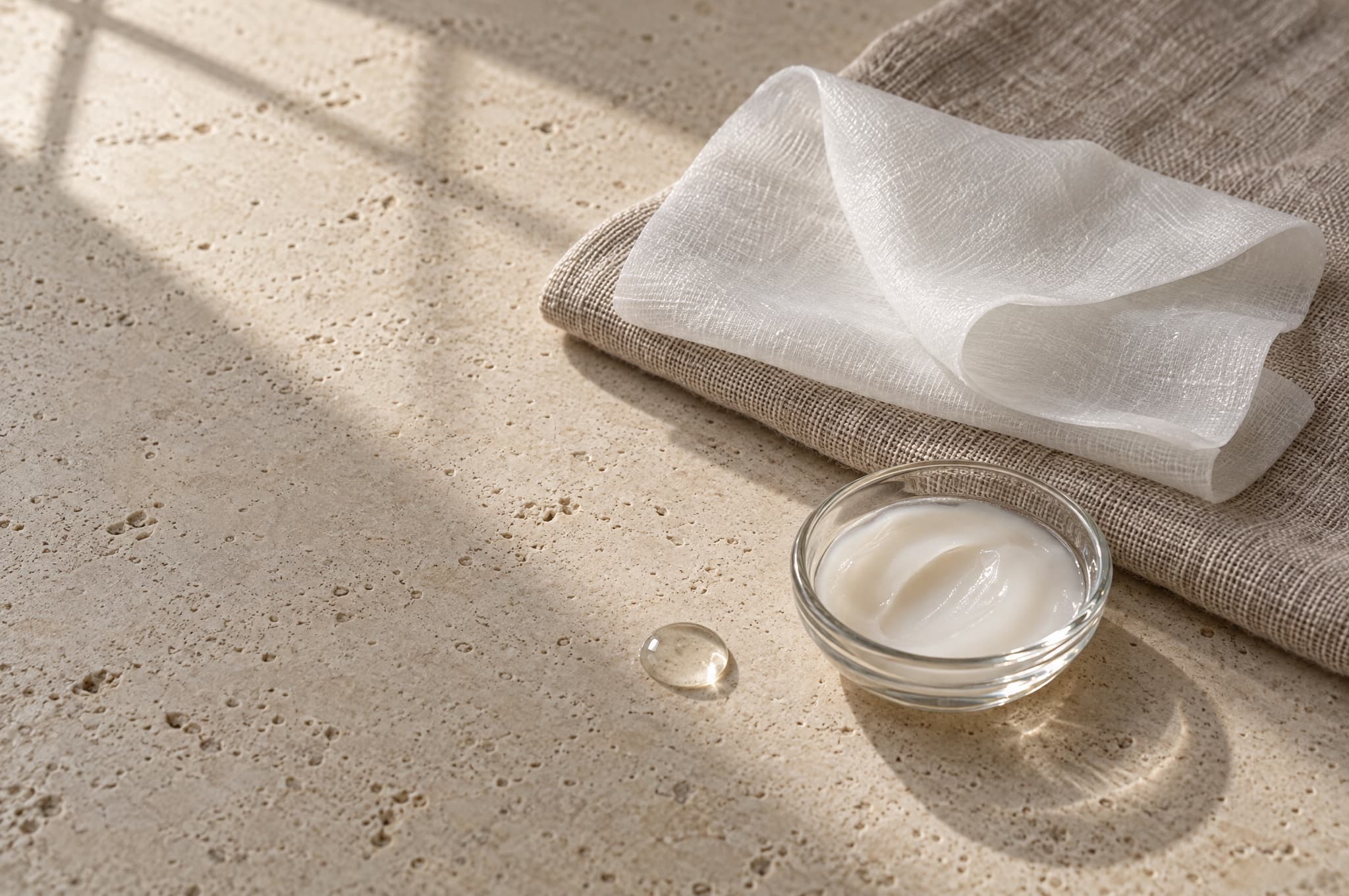 A sheer collagen sheet on folded linen beside a small glass bowl of cream