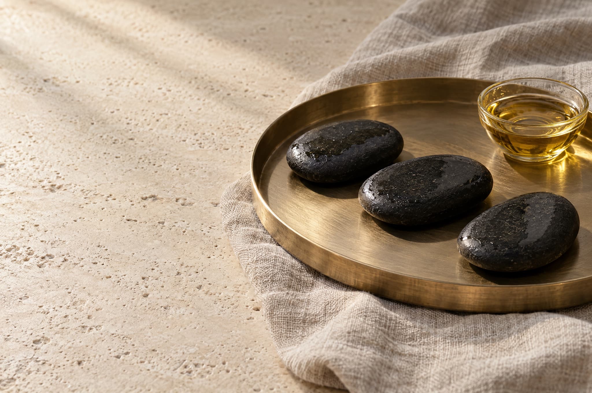 Smooth black basalt stones on a brass tray with a small glass bowl of oil